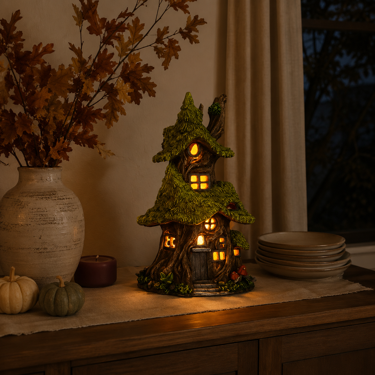 Whimsical Lighted Enchanted Moss Tree House with Timer