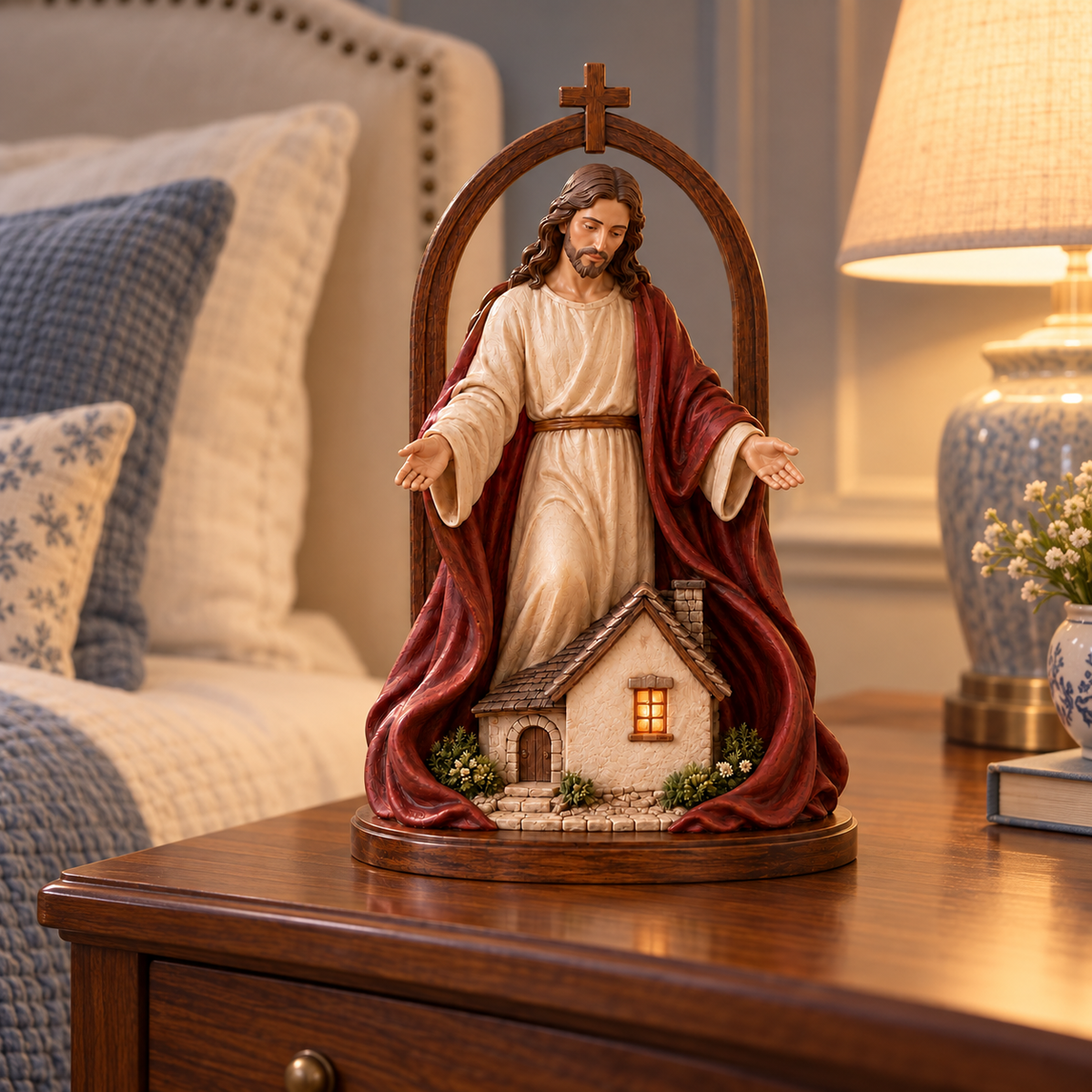 ✝️ Held in His Love – Jesus Sheltering Home Lighted Figurine