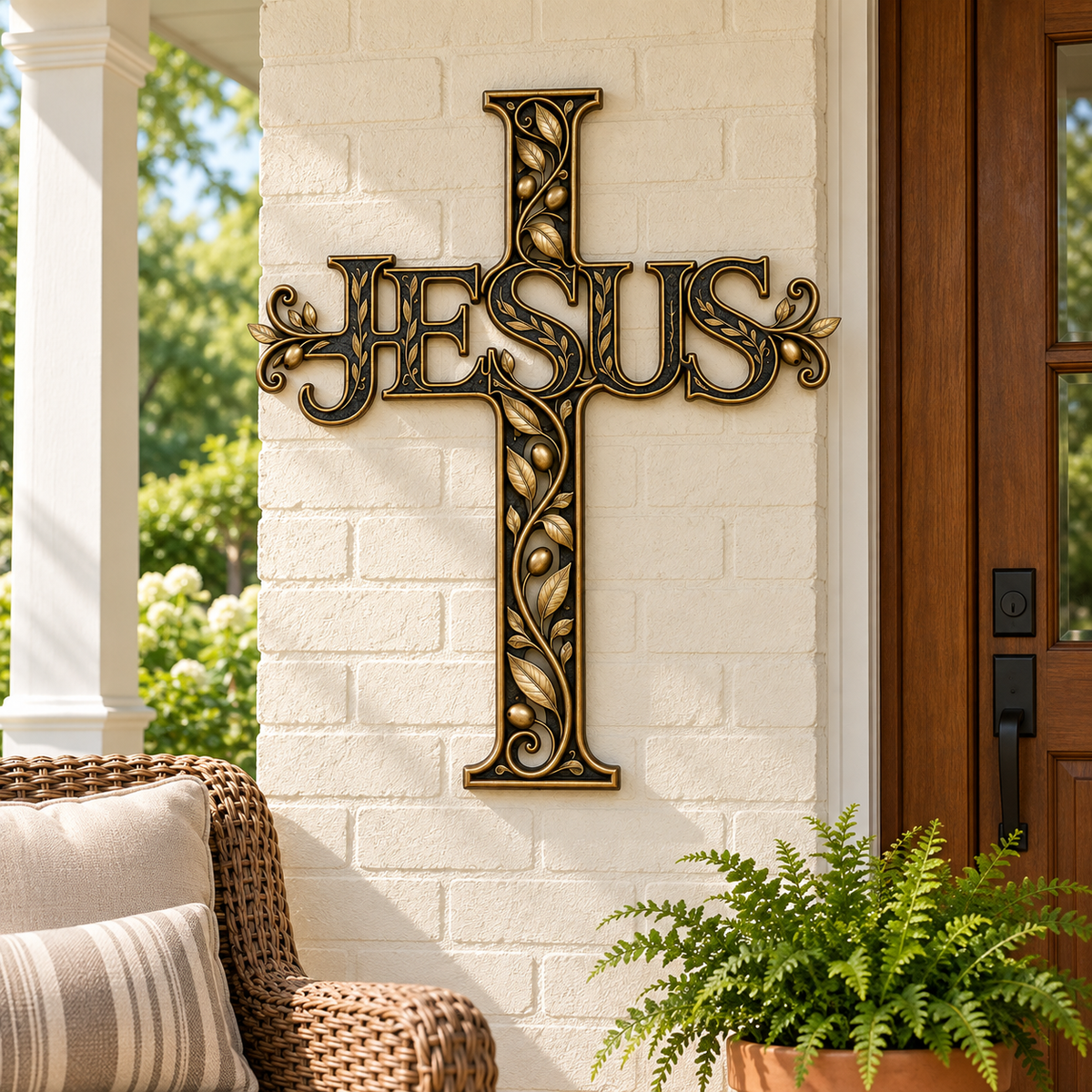 ✝️ His Name, Our Hope – JESUS Olive Vine Metal Cross Wall Art