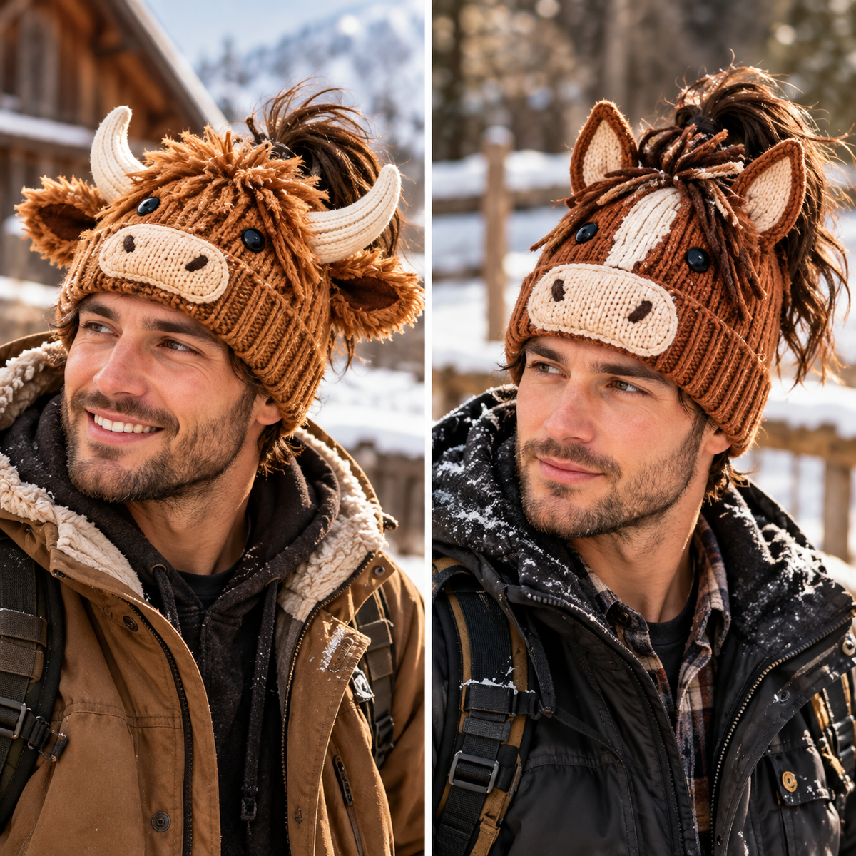 🐮🐴 Highland Cow & Horse Ponytail Beanie – Cozy Winter Hat
