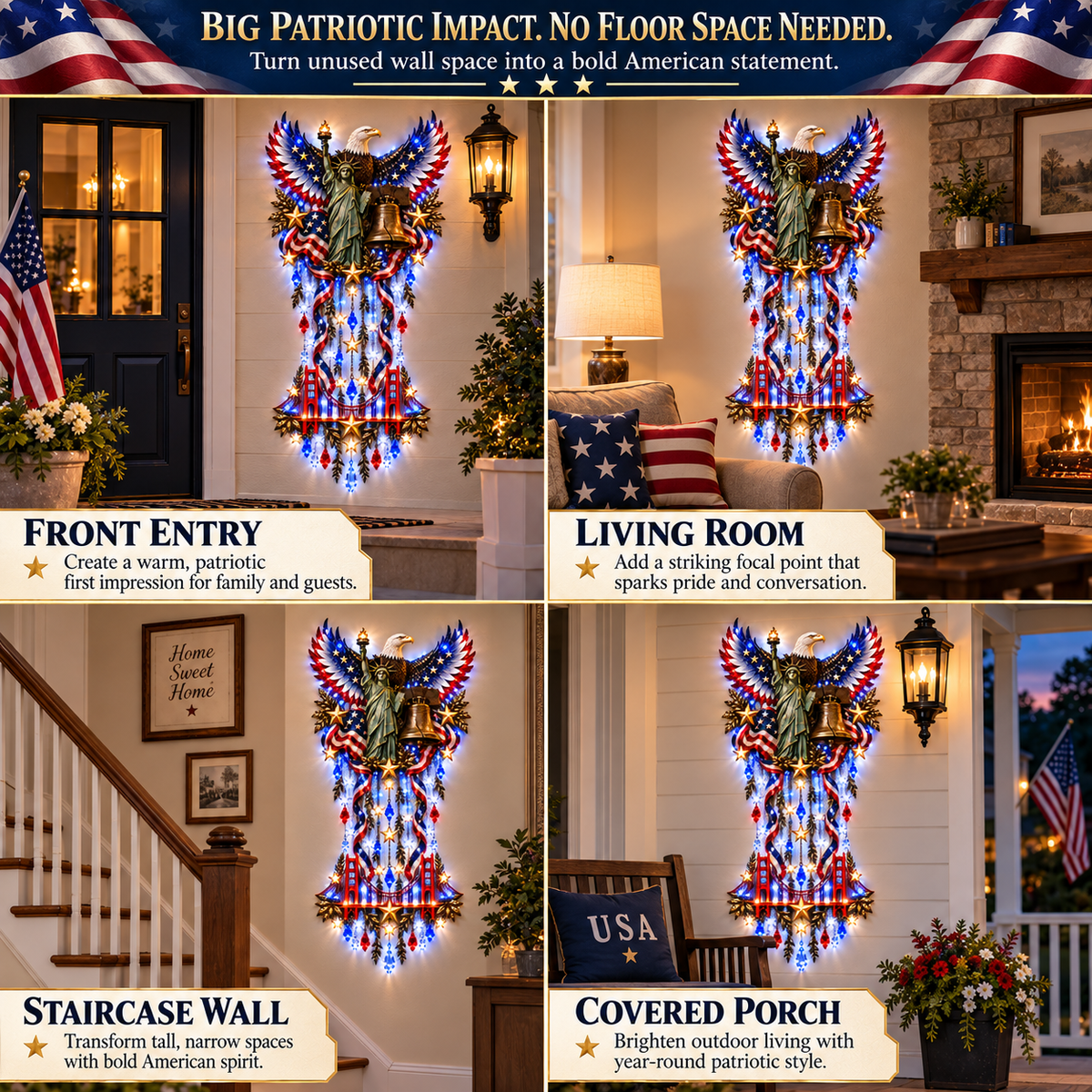 🇺🇸 American Pride LED Cascade Wall Light – Eagle, Liberty & Stars ✨