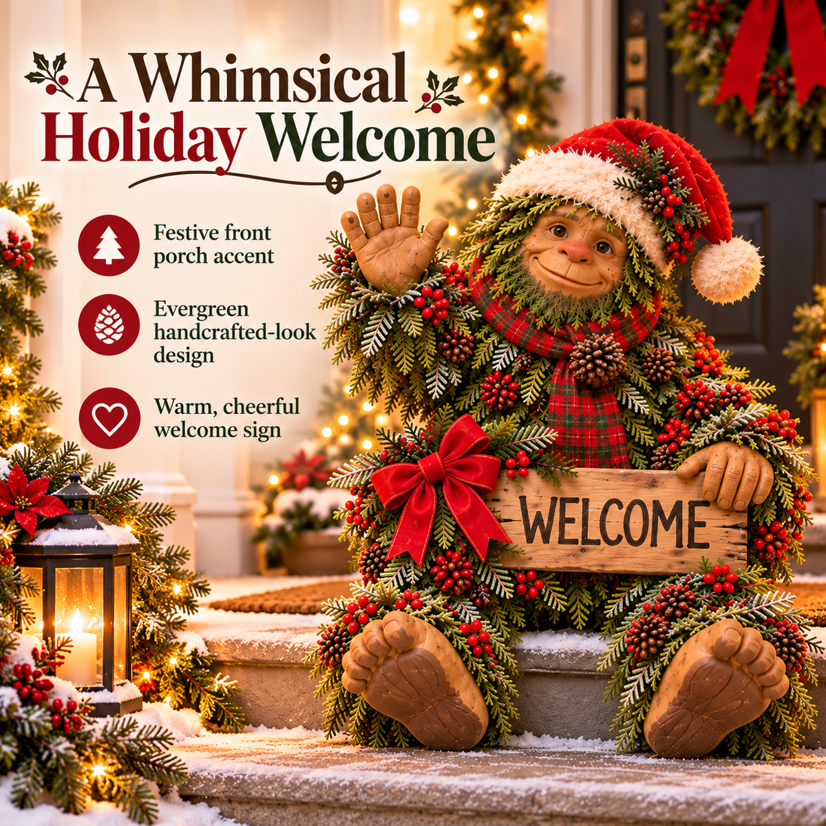 🎄Bigfoot Says Hello!™ – Christmas Evergreen Porch Welcome Decor