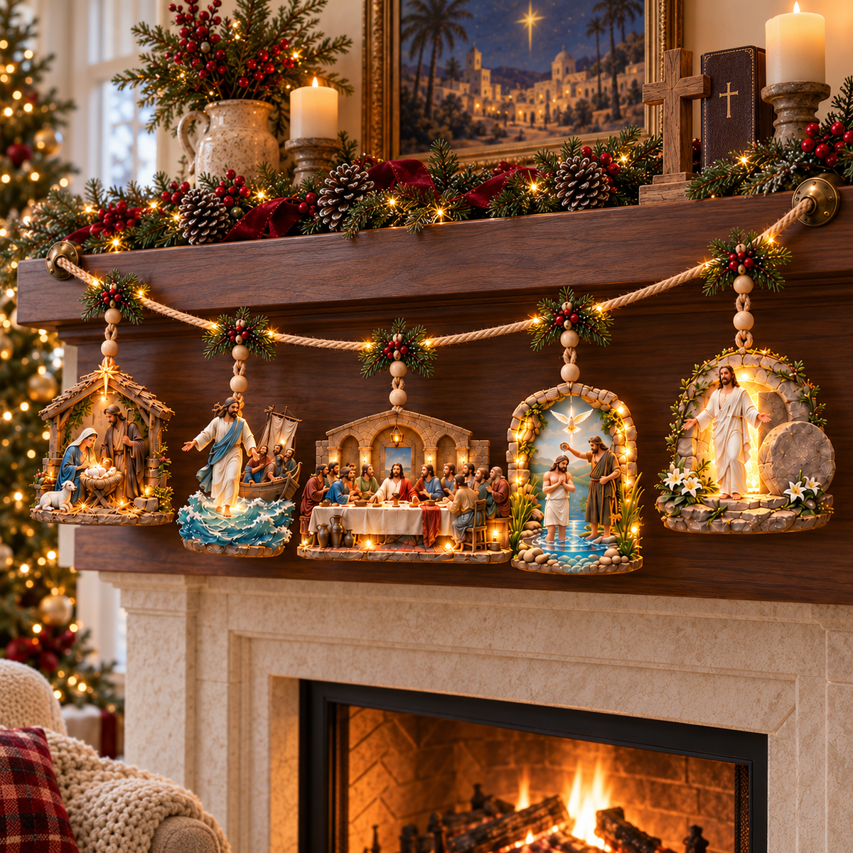 ✝️✨ The Story of Jesus – 5-Scene Lighted Christmas Mantel Garland 🎄