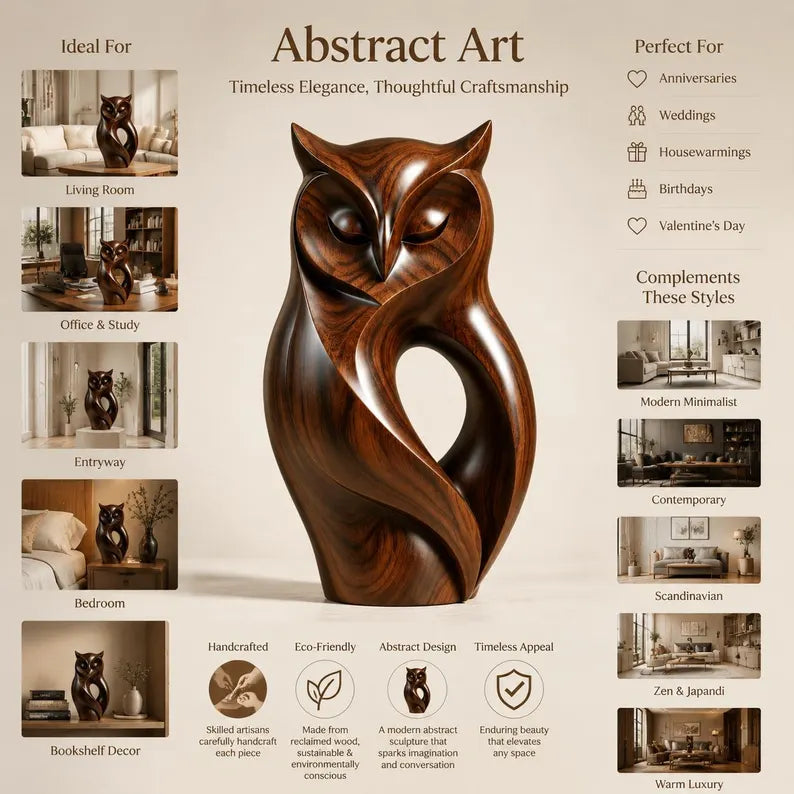 🔥100% Hand-Carved from Solid Wood-🐱Walnut Wood Owl Sculpture(✨Rustic Feline Home Decor Sculpture)
