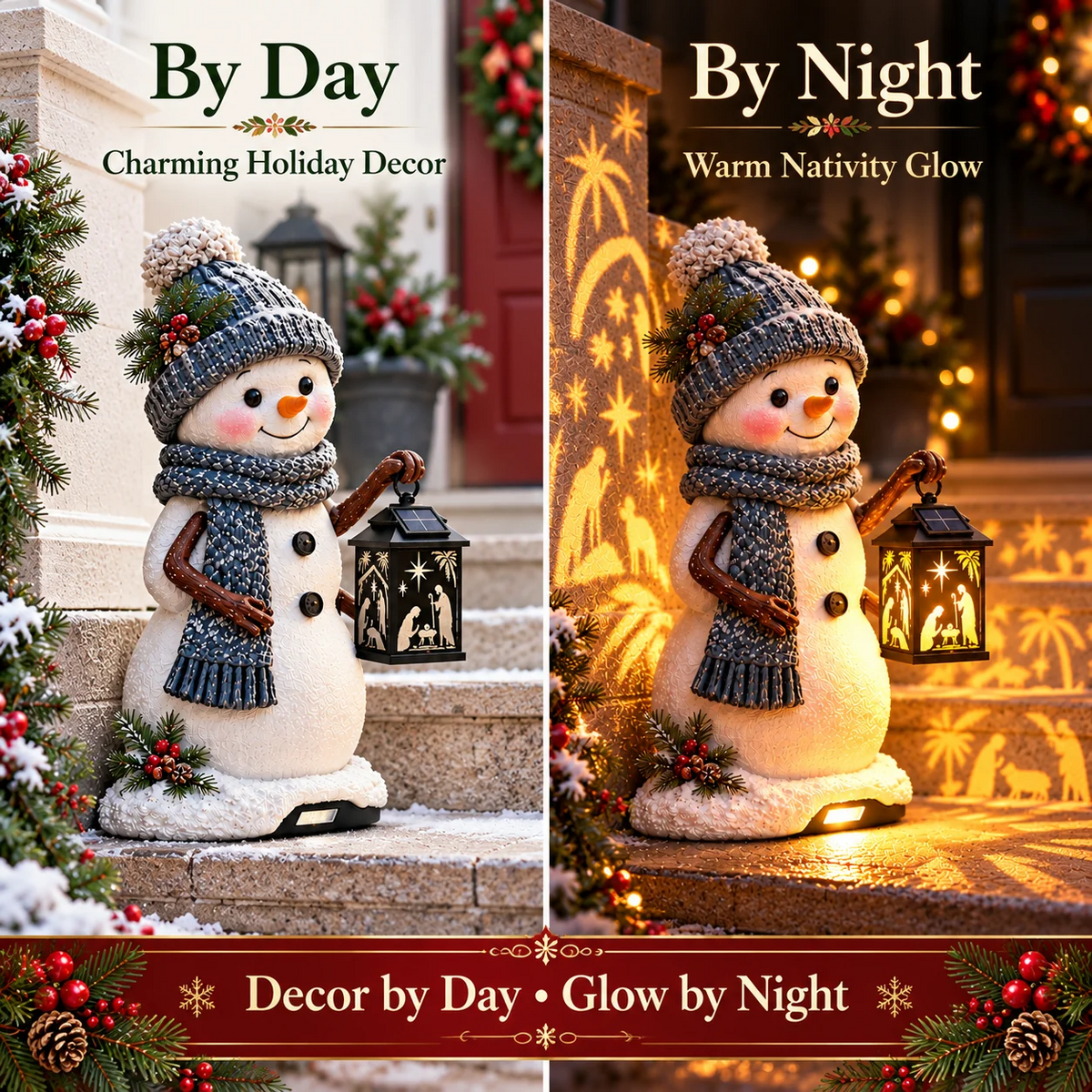 ⛄ Last Day 49% Snowman Nativity Glow™✨ – Solar Christmas Step Light with Holy Family Projection