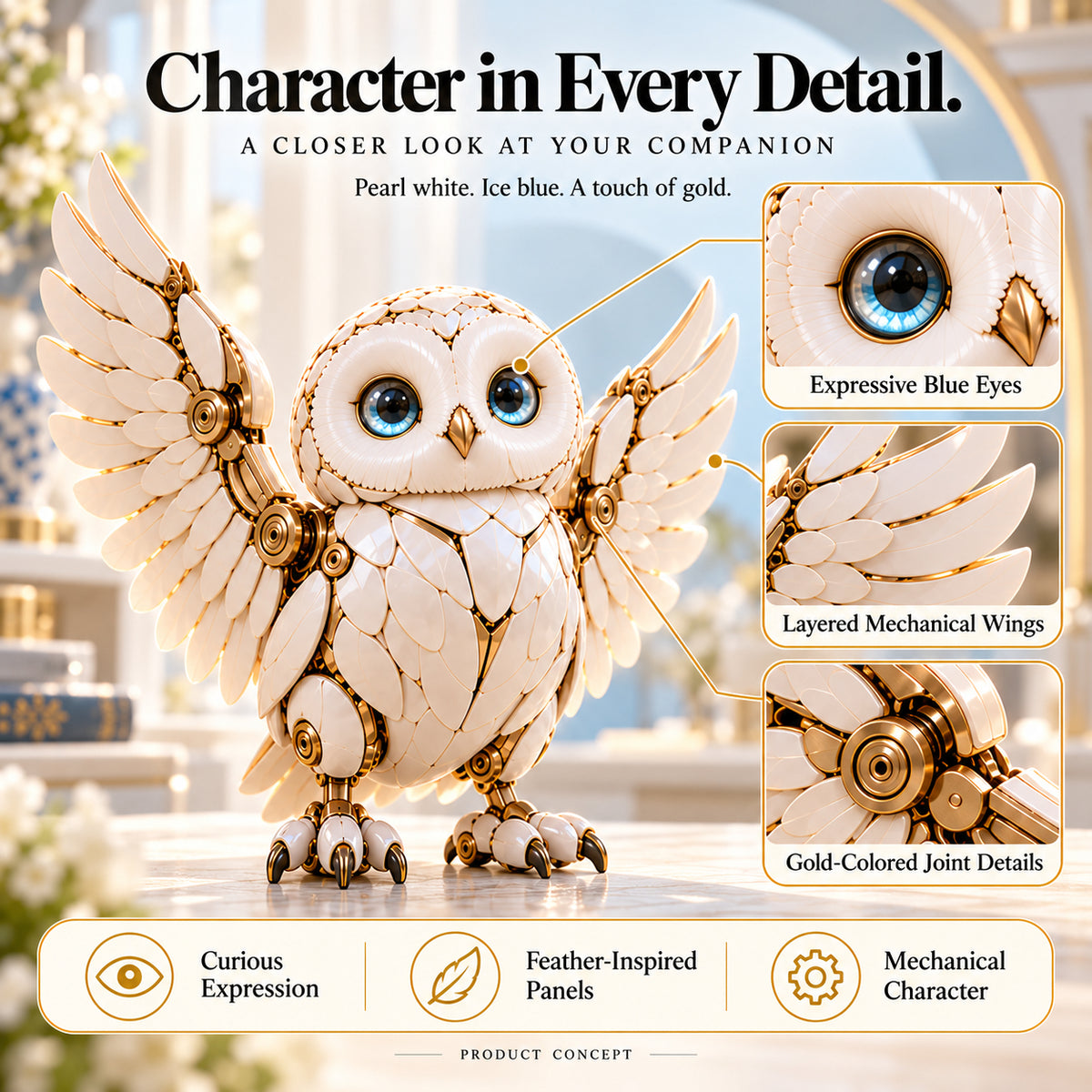 Moonlight Owl detail views showing blue eyes, layered wings and gold-tone joints.