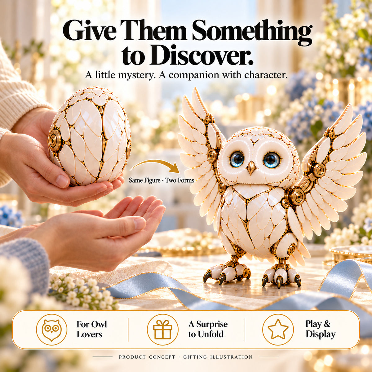 Moonlight Owl and its egg form presented as a gift in a warm festive setting.