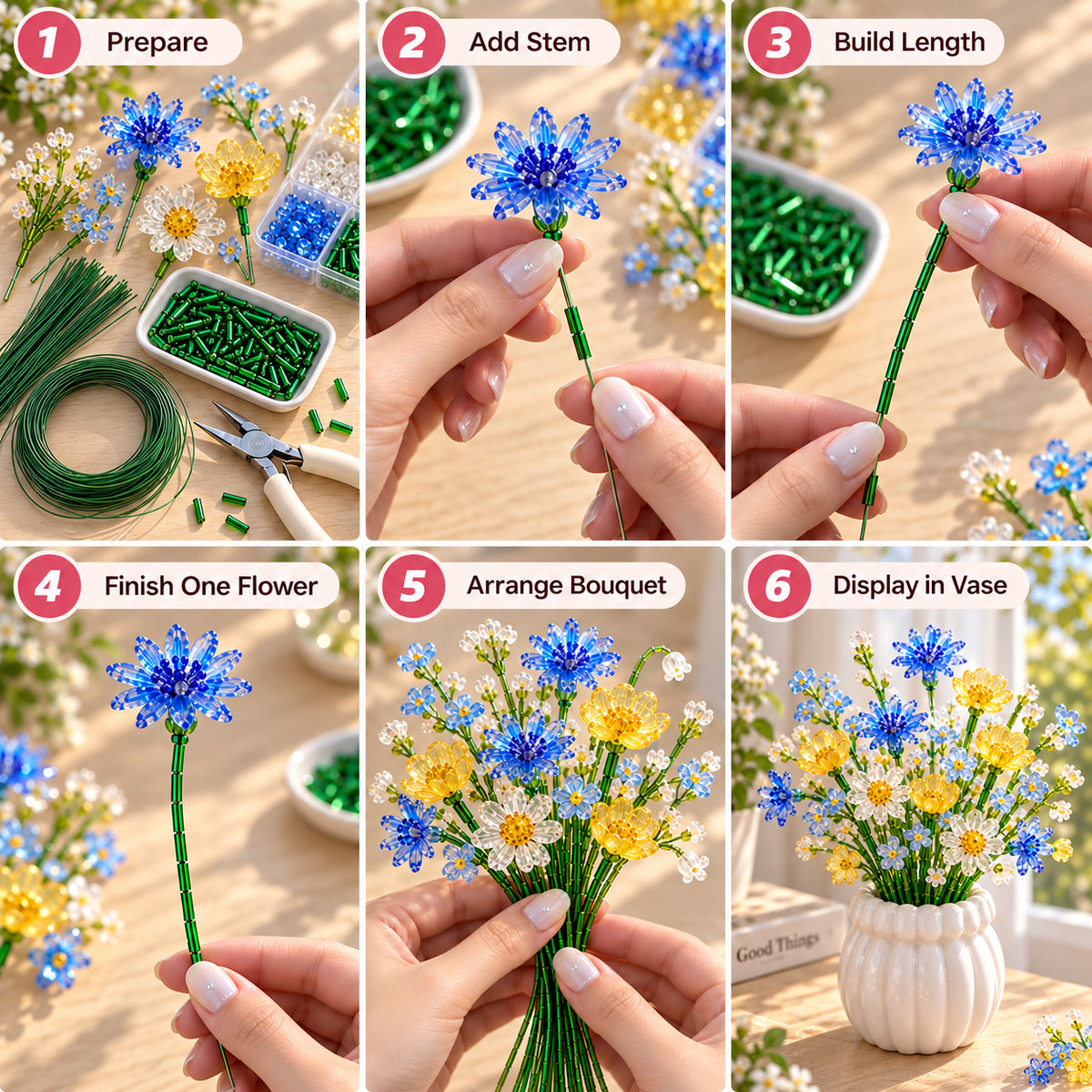 🧘Relaxing & Beginner-Friendly- ✨DIY Beaded Wildflower Bouquet Kit – Handmade Crystal Flower Craft Set