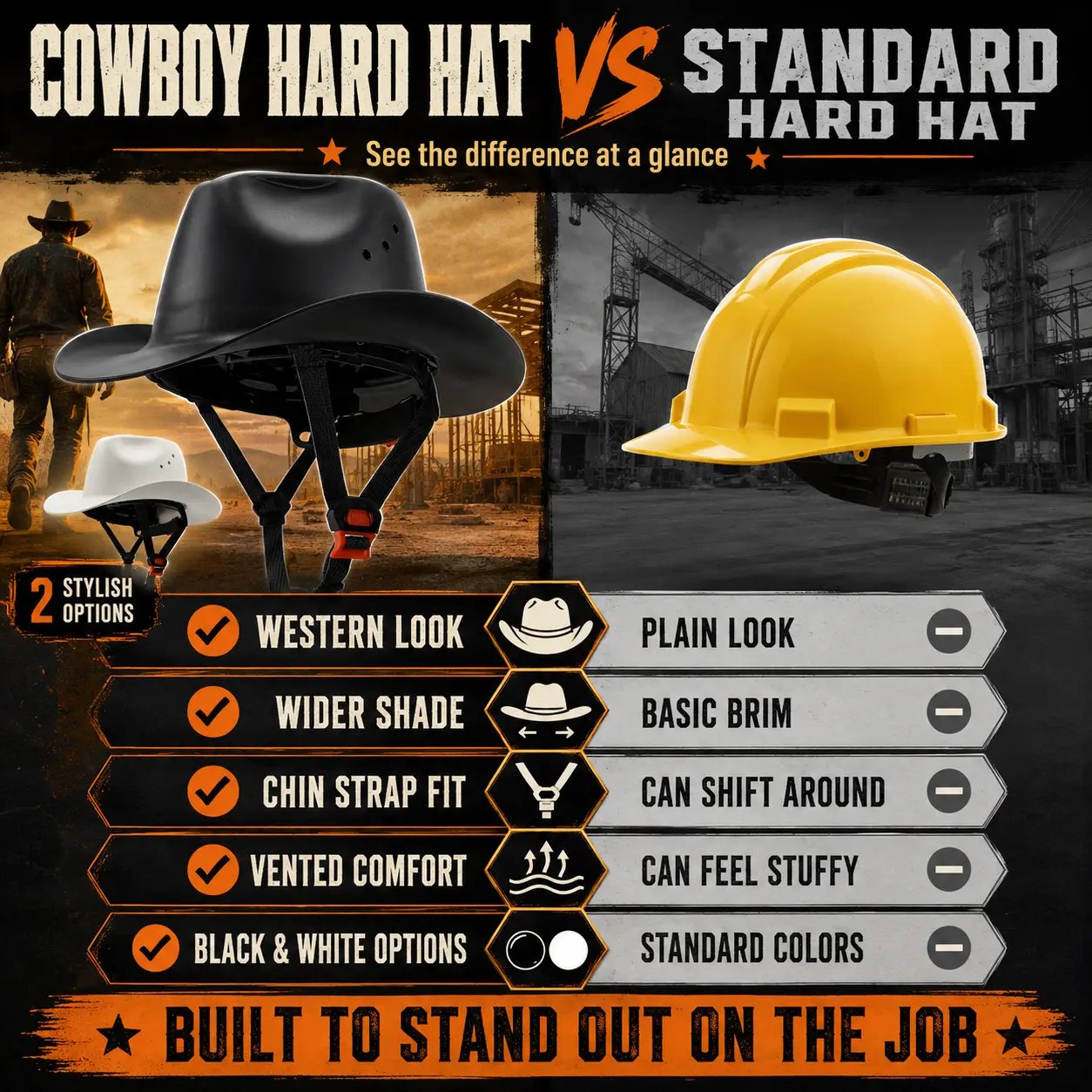 🤠Cowboy-Style Hard Hat – Wide Brim Safety Helmet with Chin Strap🛡️