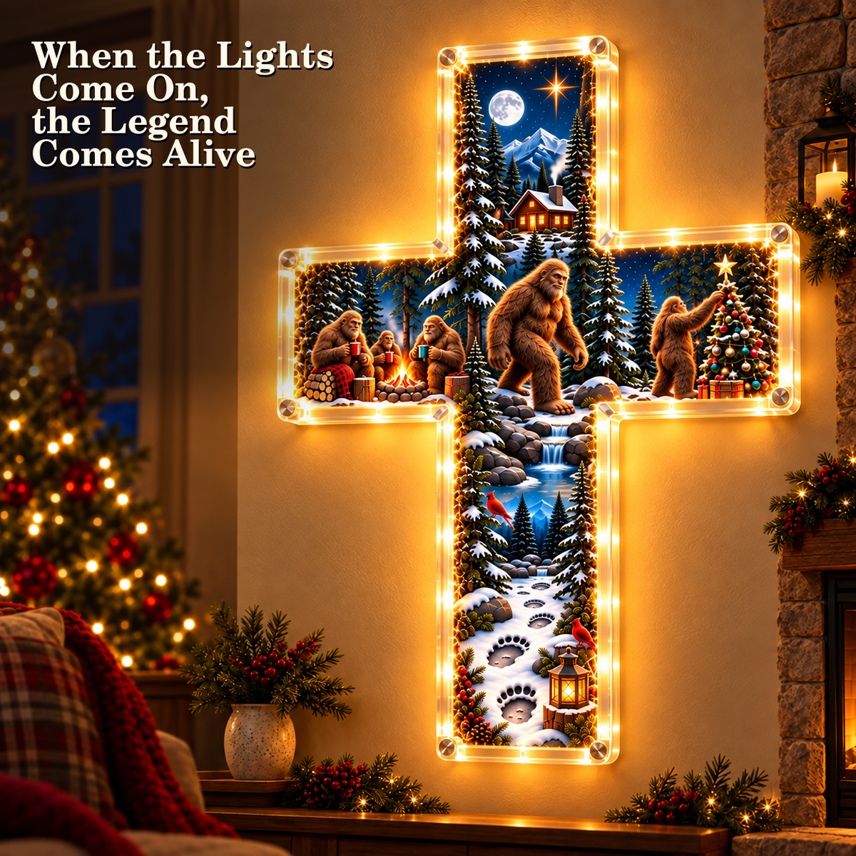 Crafted Sasquatch Christmas cross with storybook detail
