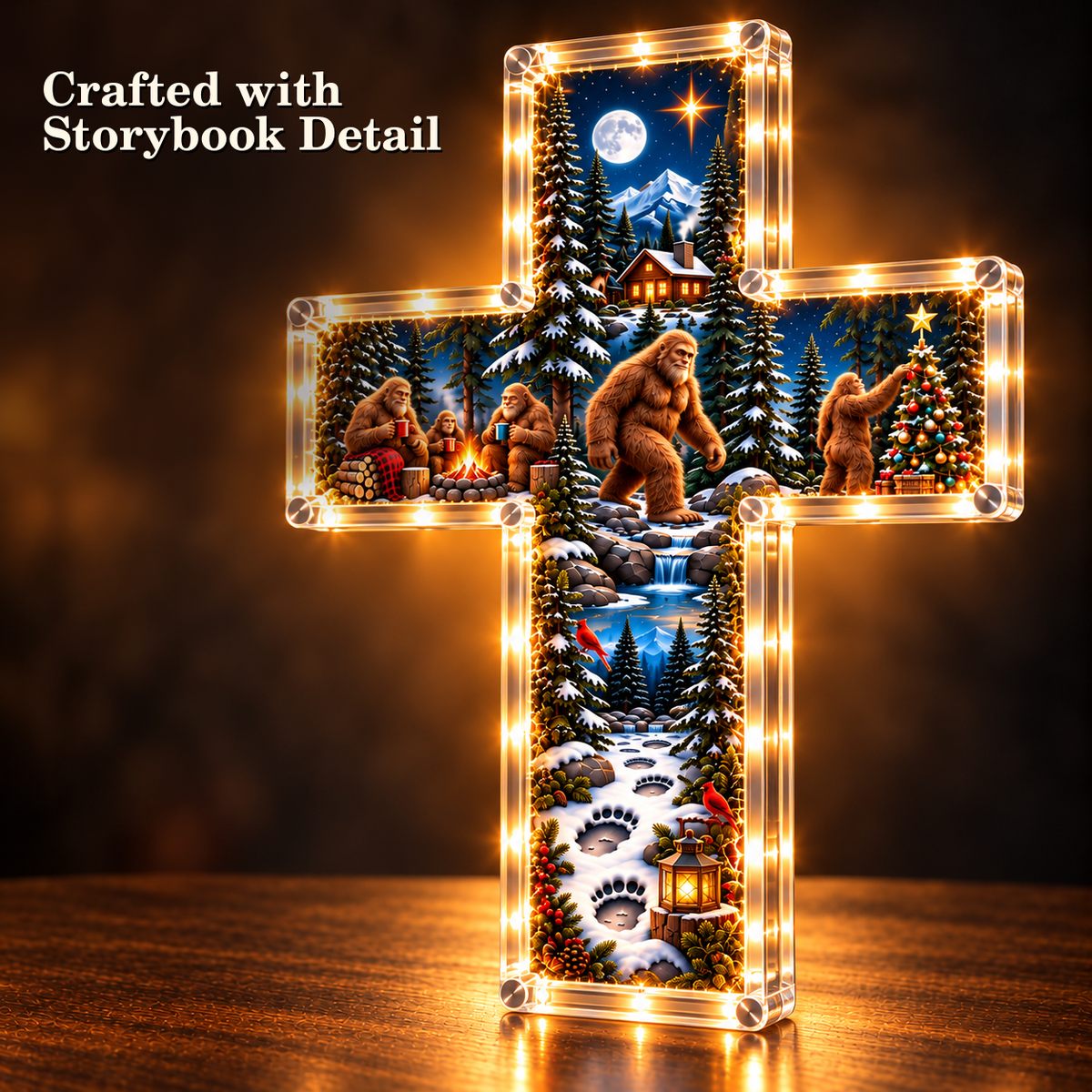 🎄 The Sasquatch Christmas Story – 6-Scene Lighted Woodland Cross