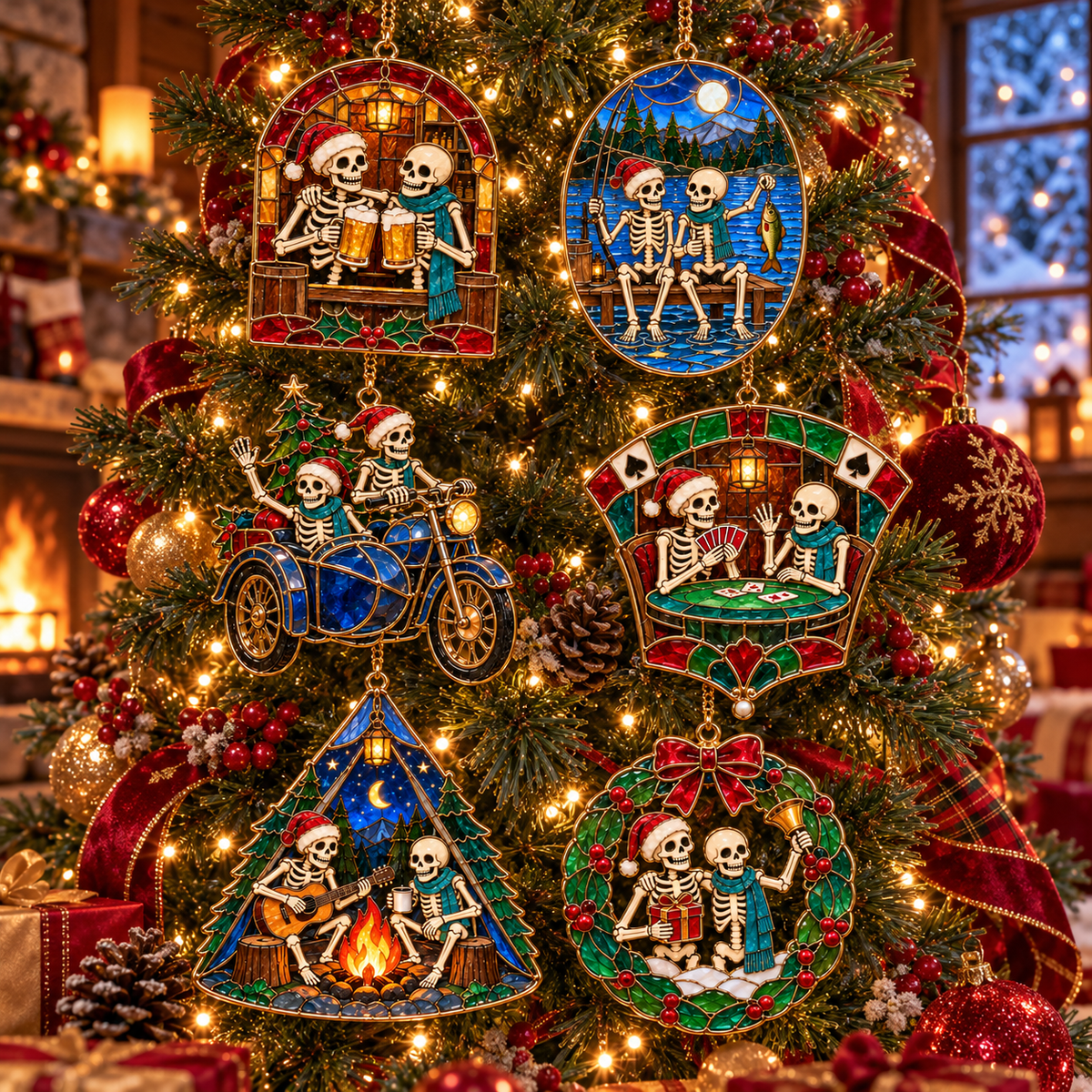 ✨Friends for Eternity – Vintage Stained Glass Style Skeleton Christmas Ornaments