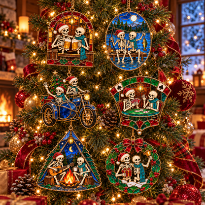 ✨Friends for Eternity – Vintage Stained Glass Style Skeleton Christmas Ornaments