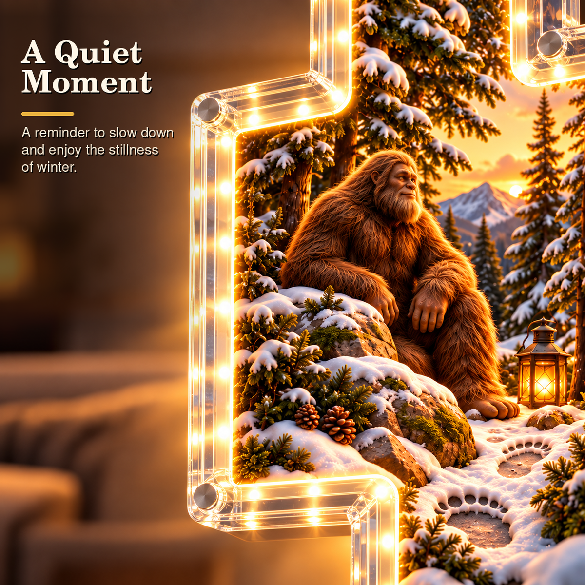 Sasquatch forest journey through a snowy mountain stream