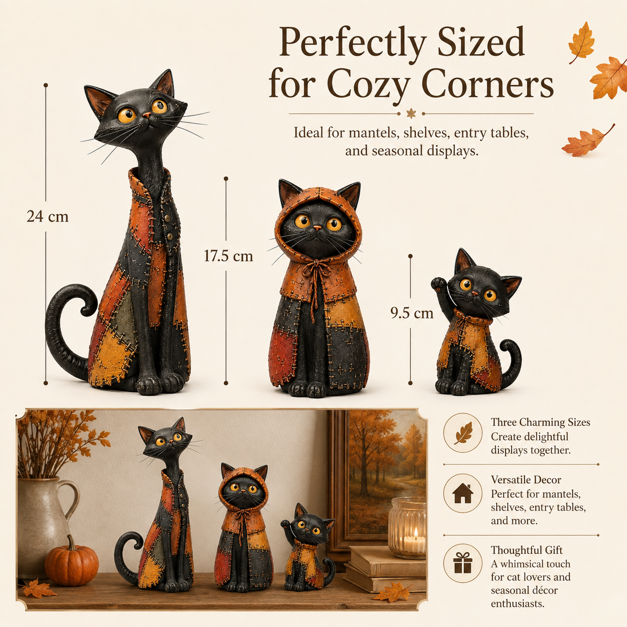 Whimsical Patchwork Black Cat Family