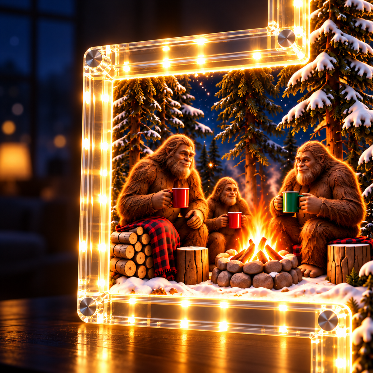 Sasquatch decorating a woodland Christmas tree