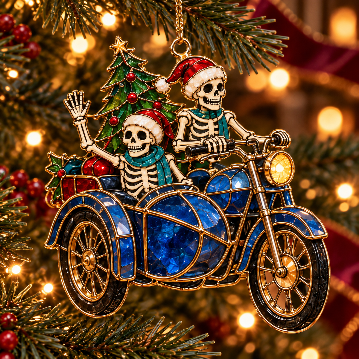 ✨Friends for Eternity – Vintage Stained Glass Style Skeleton Christmas Ornaments