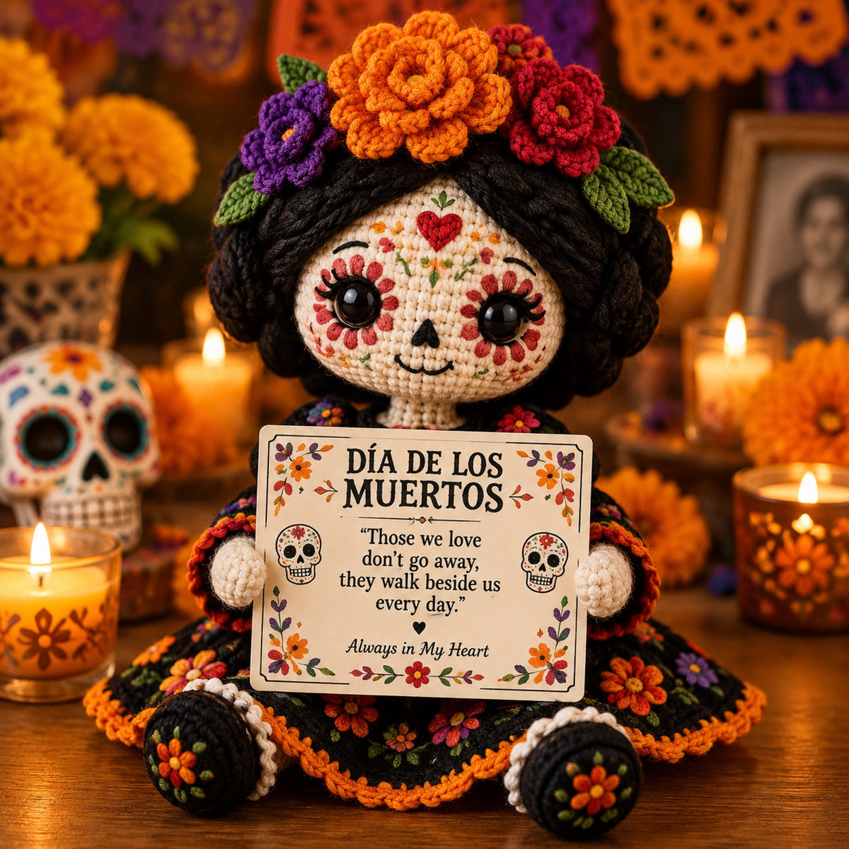 Handcrafted Día de los Muertos Crochet Doll – Sugar Skull Catrina Figurine with Floral Dress & Memorial Sign