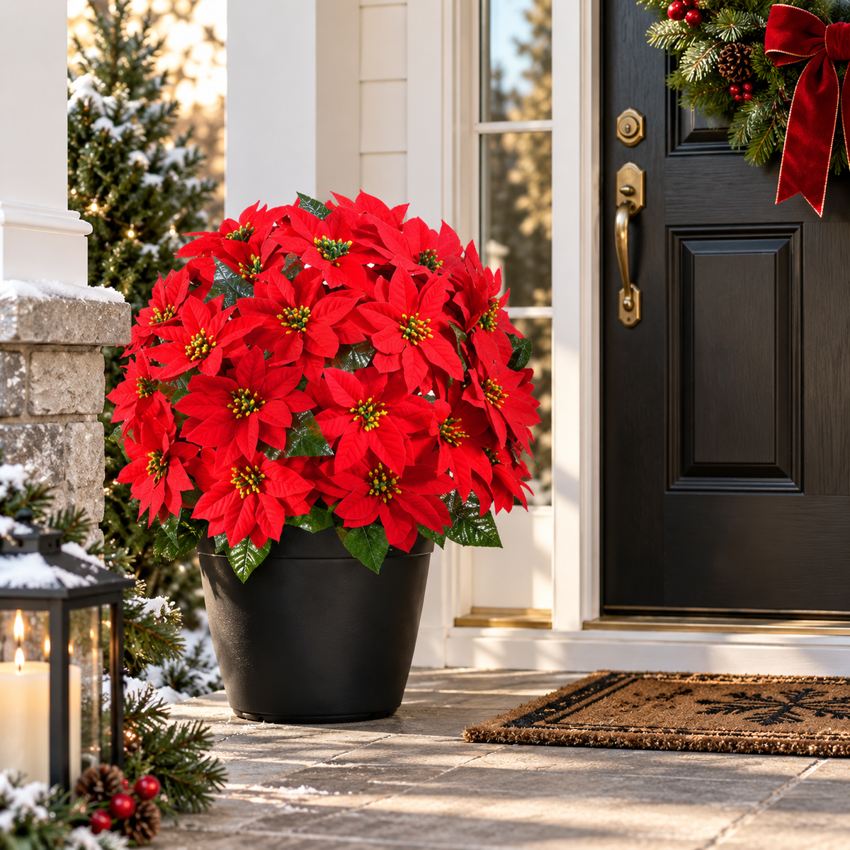 Christmas Poinsettia Porch Stakes , Artificial Holiday Plants for Indoor & Outdoor Decor