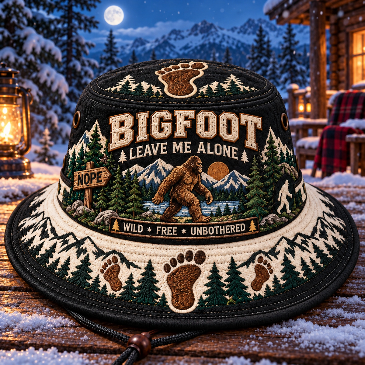 🦶🌲 Bigfoot “Leave Me Alone” Embroidered Boonie Hat — Wild, Free & Unbothered