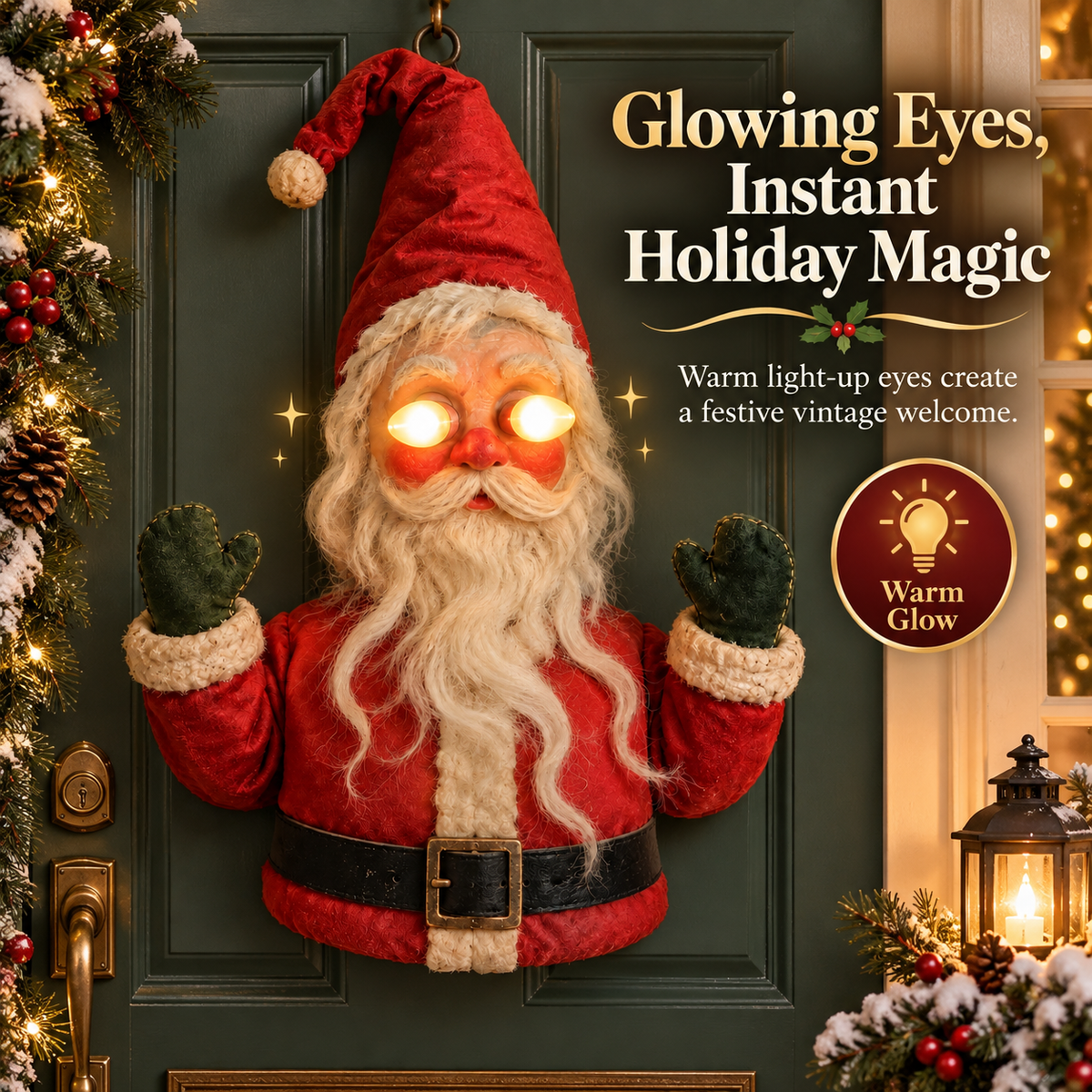 🎅👁️Santa After Dark – Vintage Glowing-Eye Door Guardian