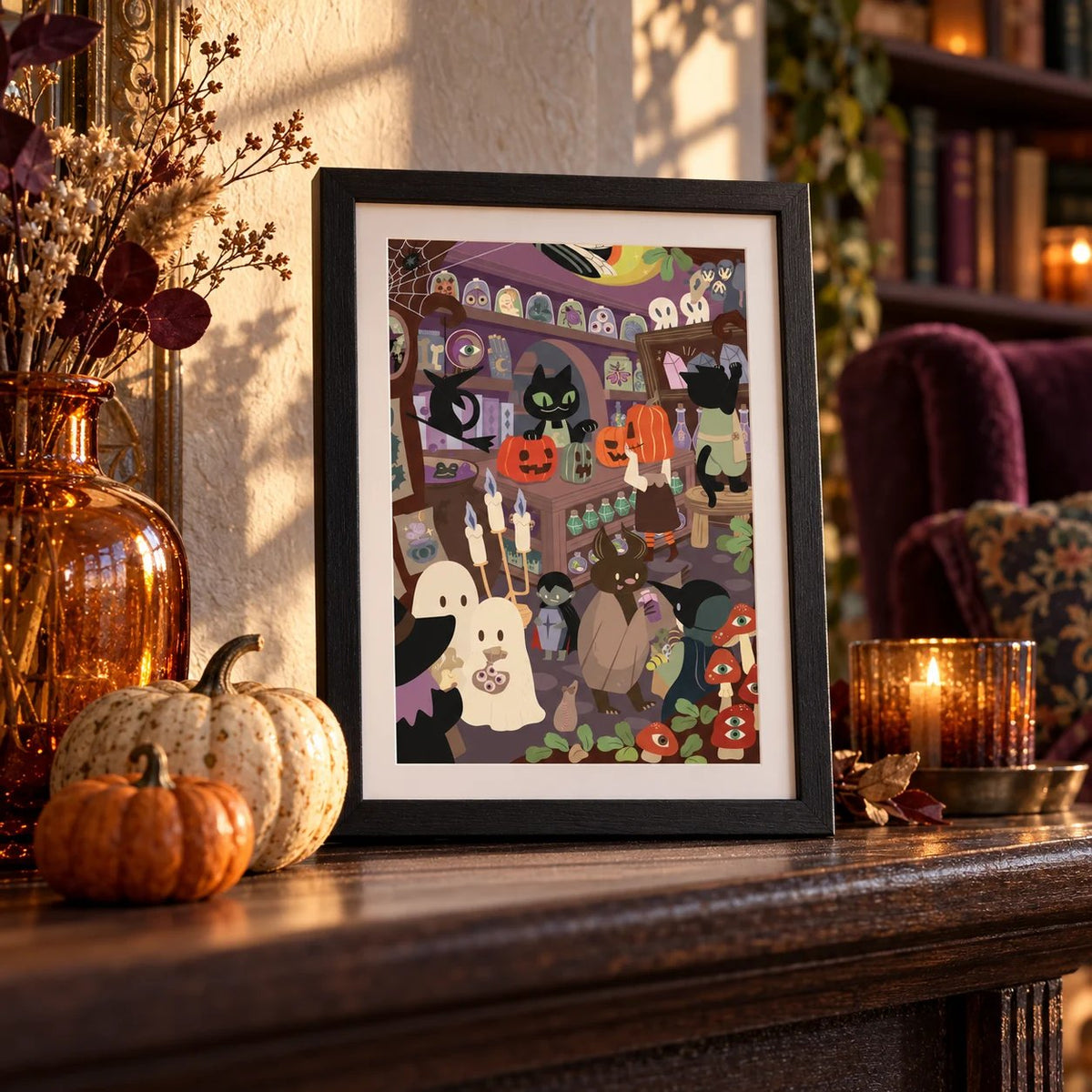 Finished Halloween sticker artwork displayed in a cozy home