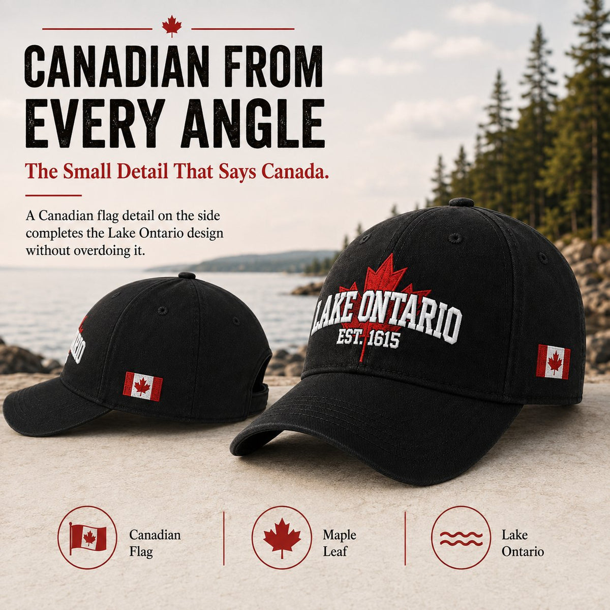 Canadian flag side detail on Lake Ontario cap