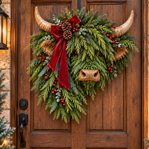 Highland Cow Christmas Wreath – Rustic Farmhouse Holiday Door Decoration with Cascading Greenery &amp; Red Velvet Bow