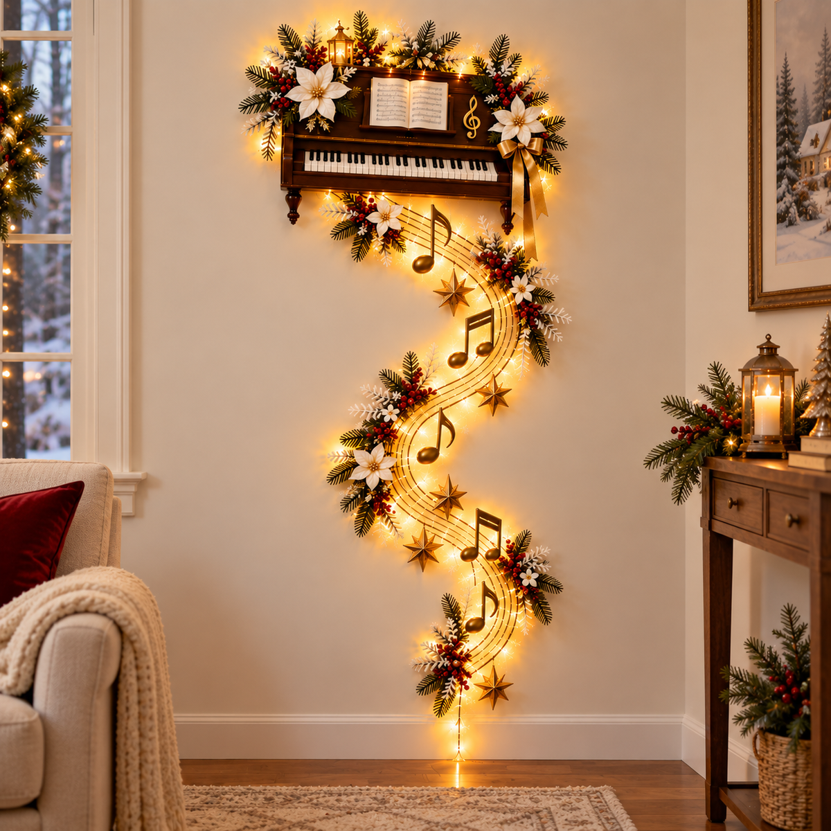 Piano musical Christmas wall decor in a cozy home