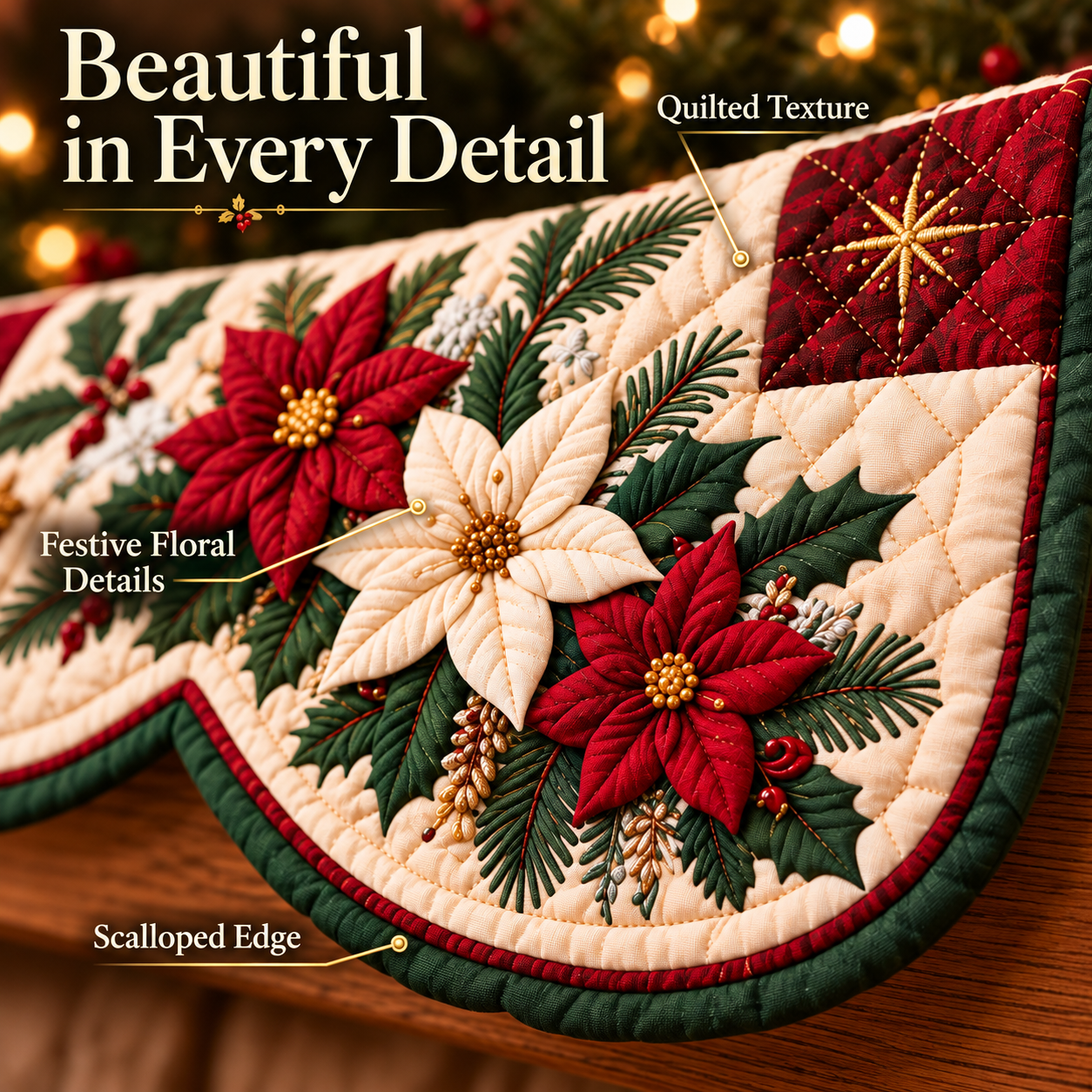 Close view of quilted texture, floral details and scalloped edging
