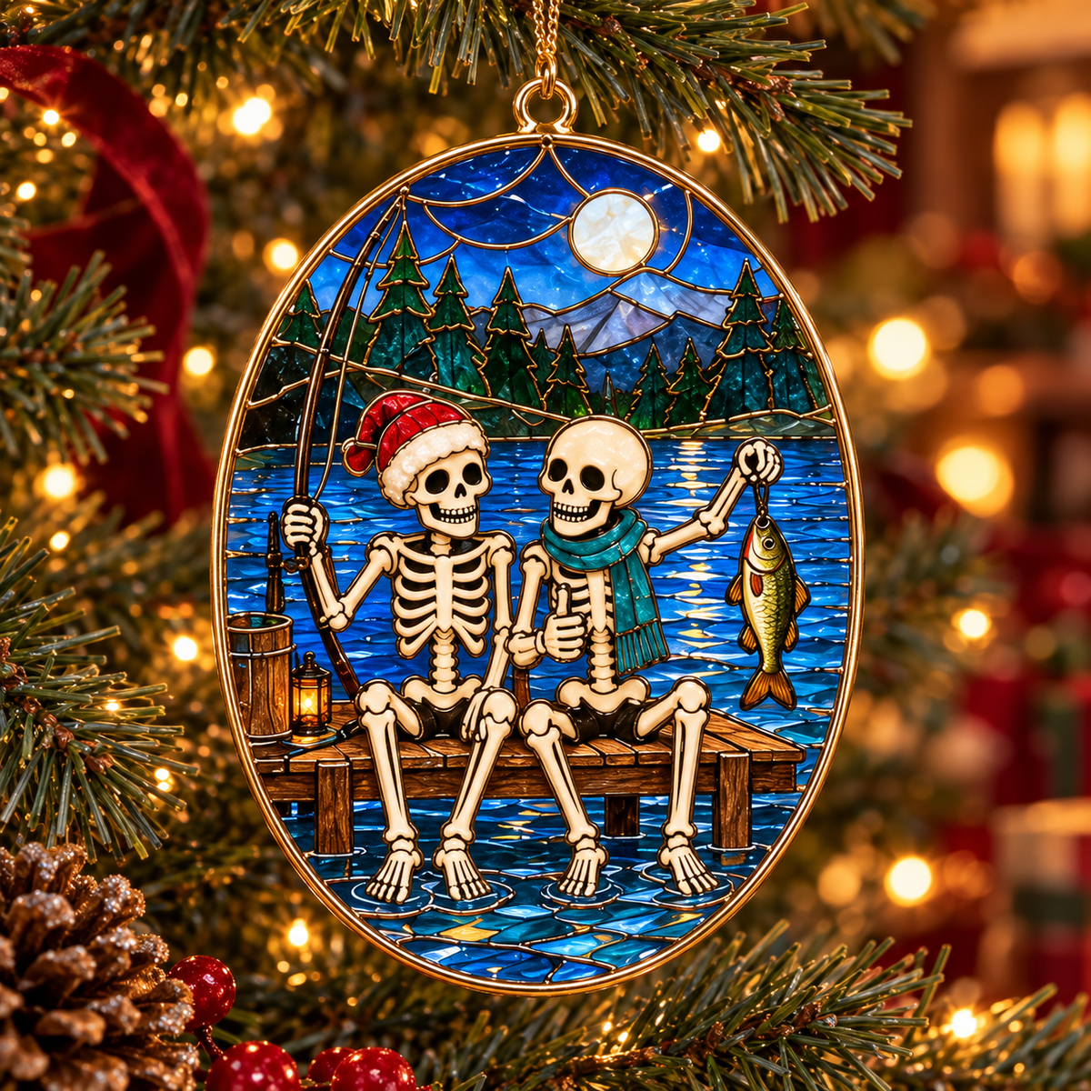 ✨Friends for Eternity – Vintage Stained Glass Style Skeleton Christmas Ornaments