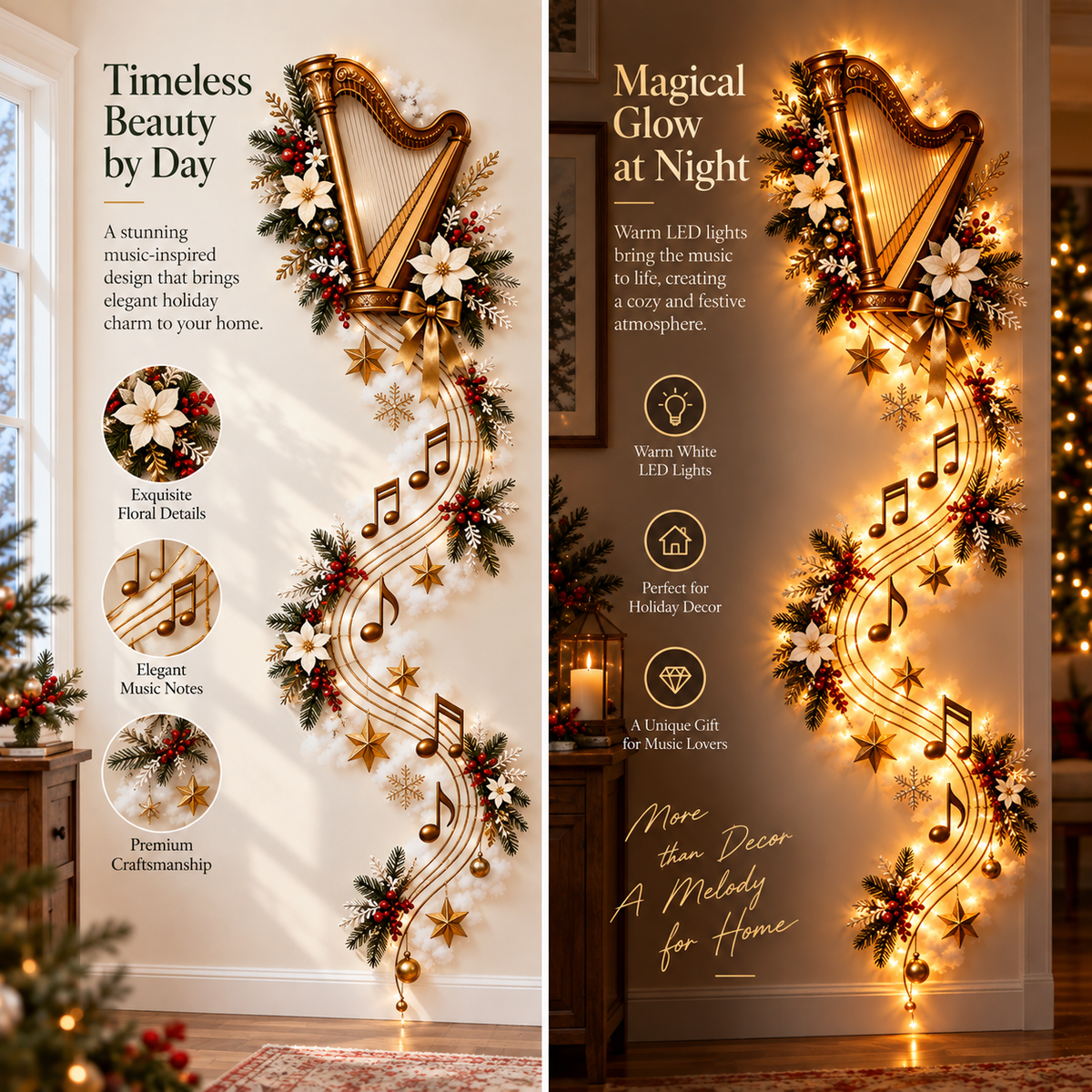 Harp musical wall decor by day and illuminated at night