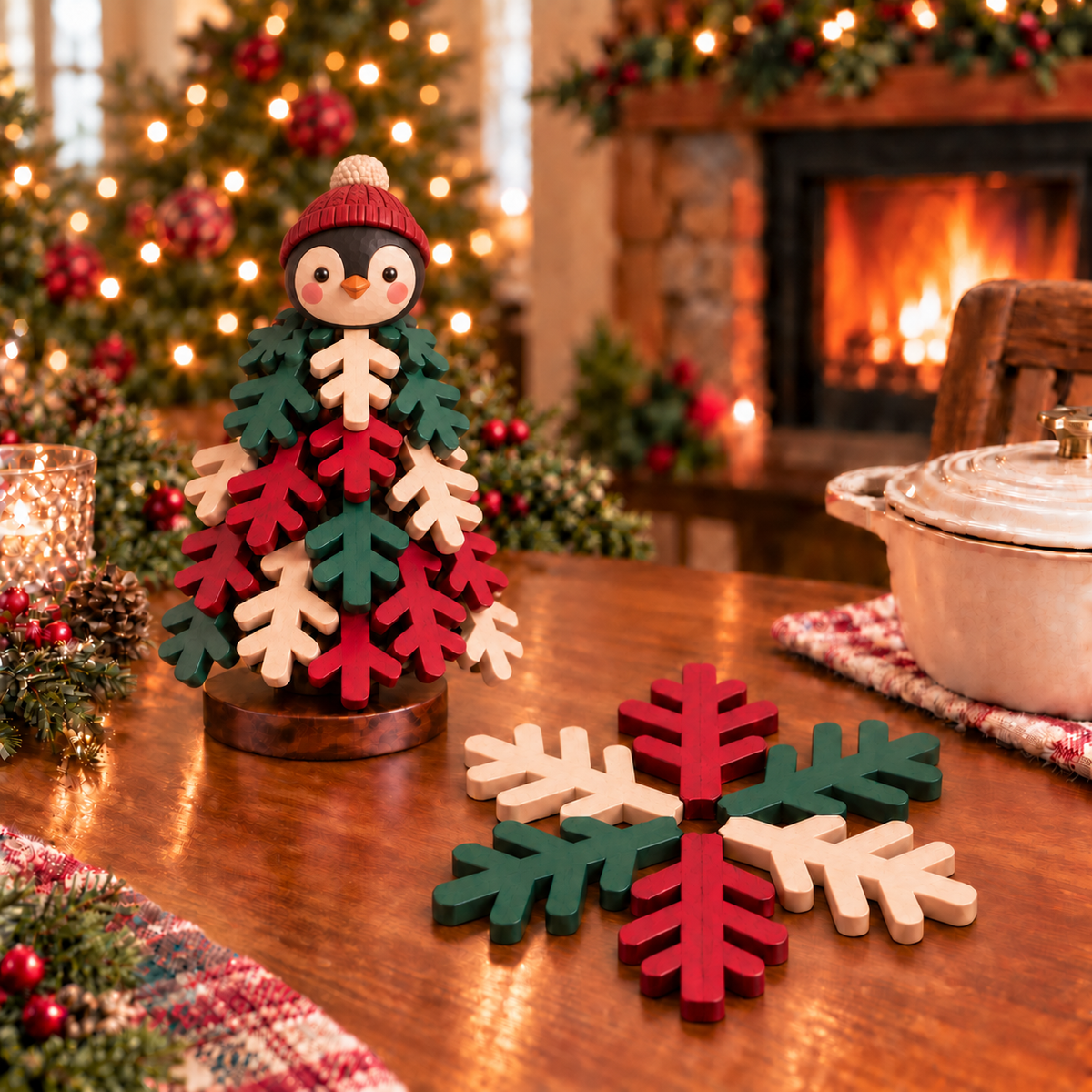 🎄 Christmas Snowflake Character Coasters with Festive Tabletop Holder