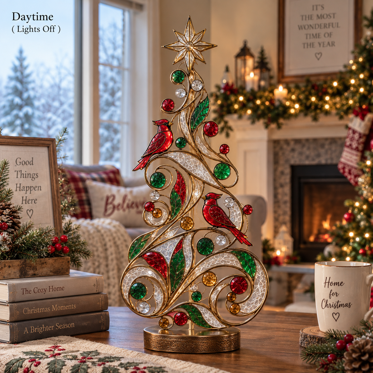 Lighted Stained Glass-Inspired Christmas Tree Tabletop Decor with Cardinal