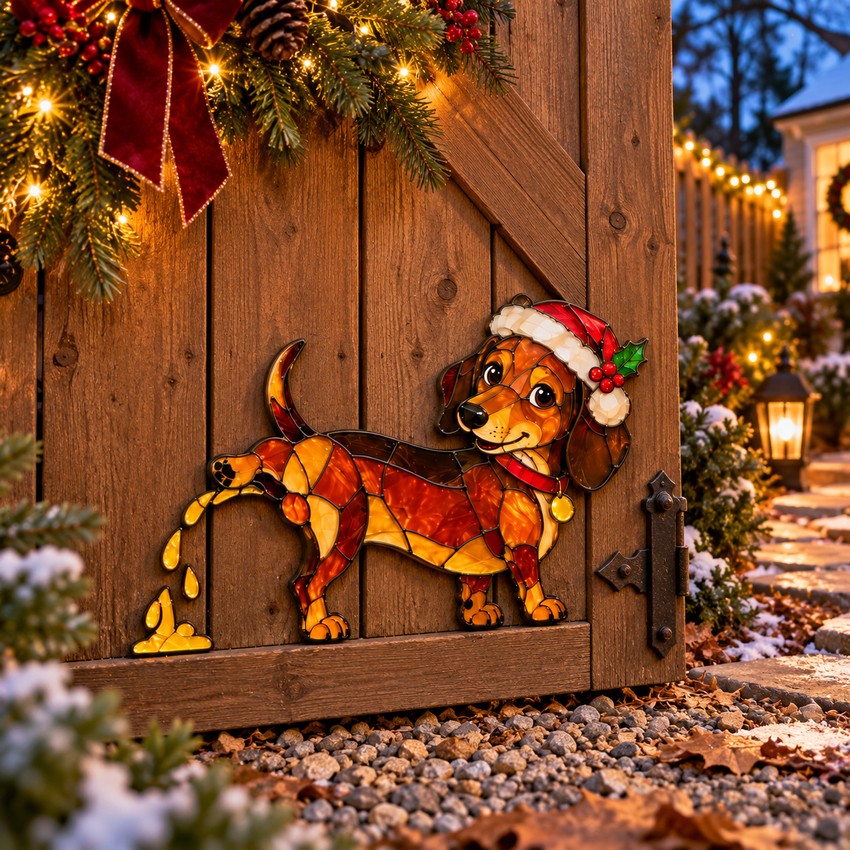 Funny festive dachshund decor shown beside a wooden garden gate