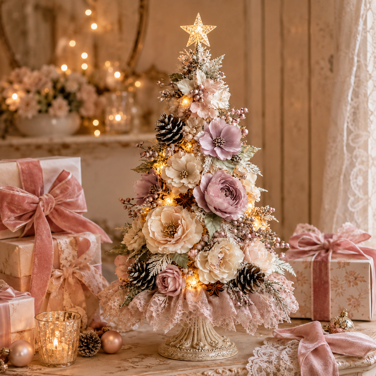 🌸Blush Blossom Illuminated Christmas Tree