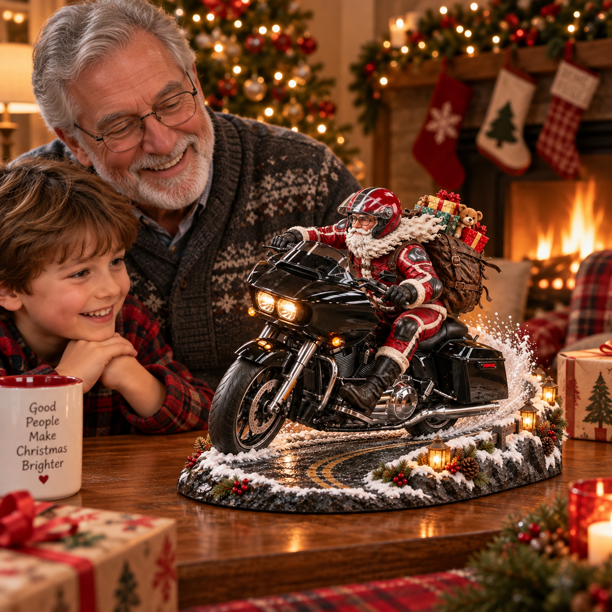 Grandfather and child enjoying the Santa motorcycle Christmas display