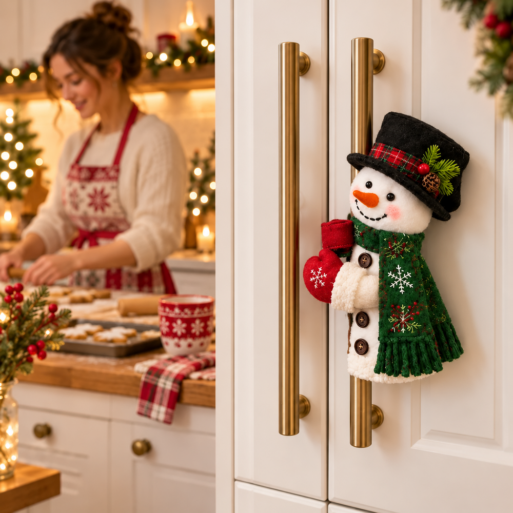 Snowman handle cover with a black top hat and green scarf on a kitchen handle