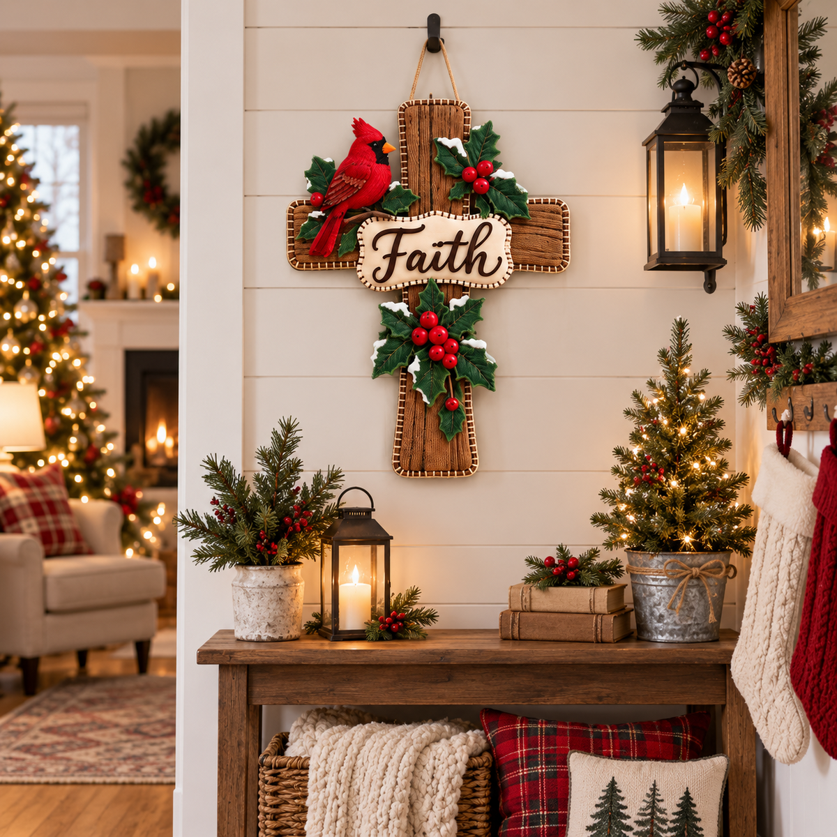 🔥😍Cardinal Cross Door Decor – Winter Holly Faith-Inspired Front Door Accent✝️