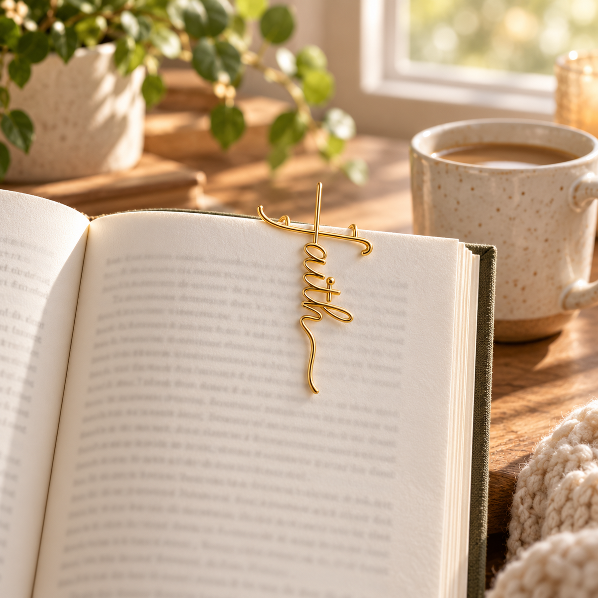 Gold faith clip marking an open book