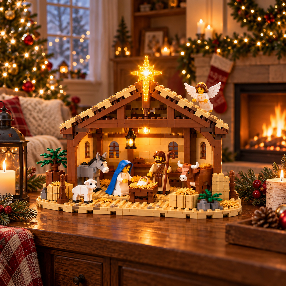 Completed Holy Night Nativity building set glowing beside a Christmas fireplace