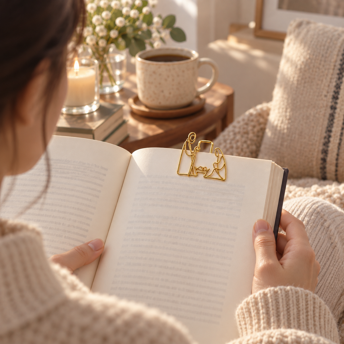 Reading a book with nativity gold clip