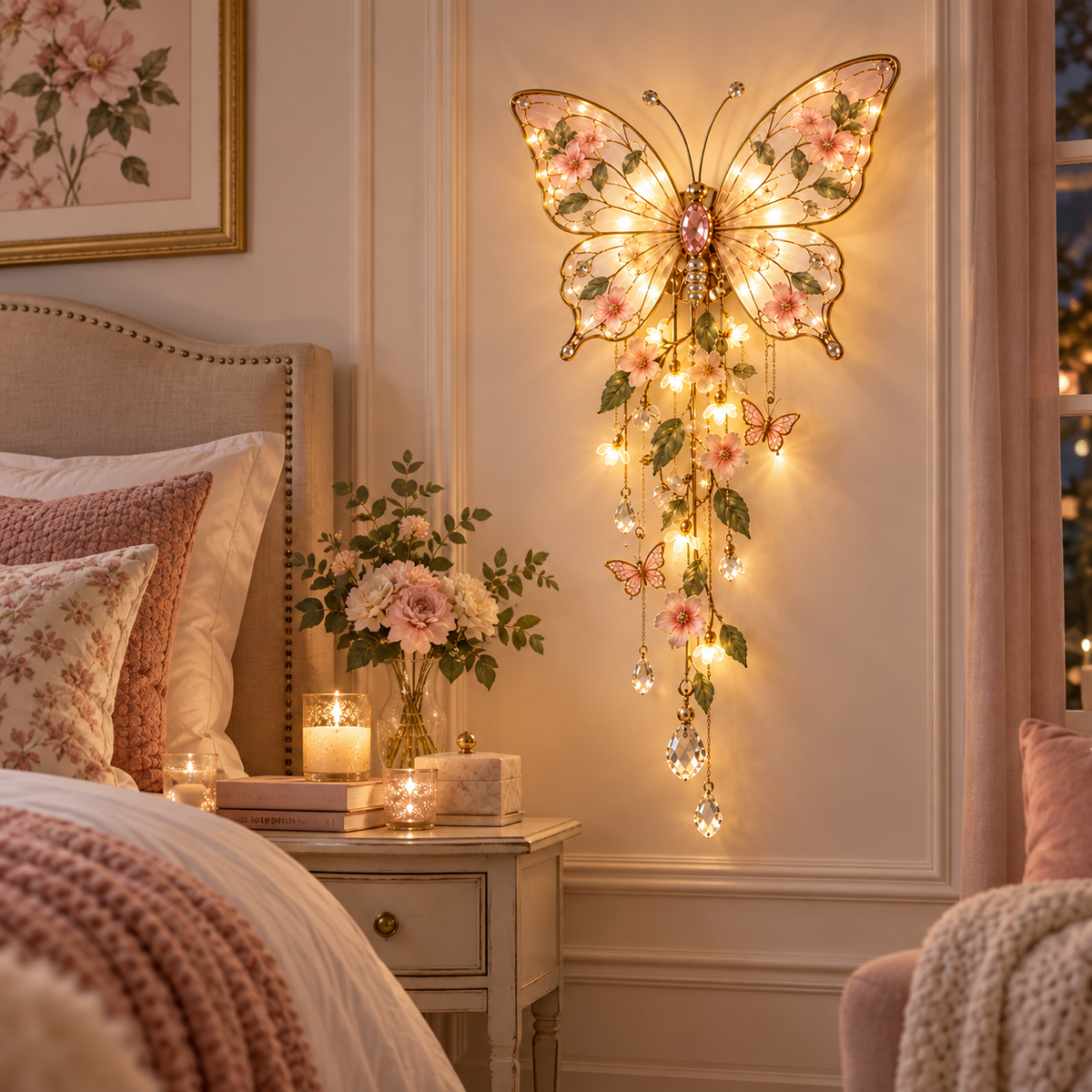Pink butterfly garden light displayed beside a cozy bedroom