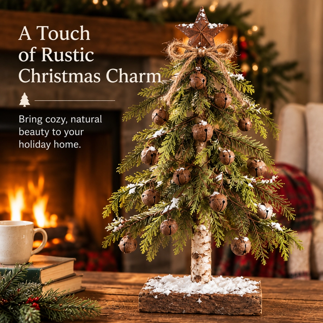 Vintage bell Christmas tree in a cozy fireplace setting