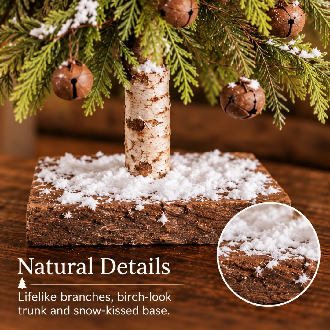 Close-up of the snowy base and birch-inspired trunk