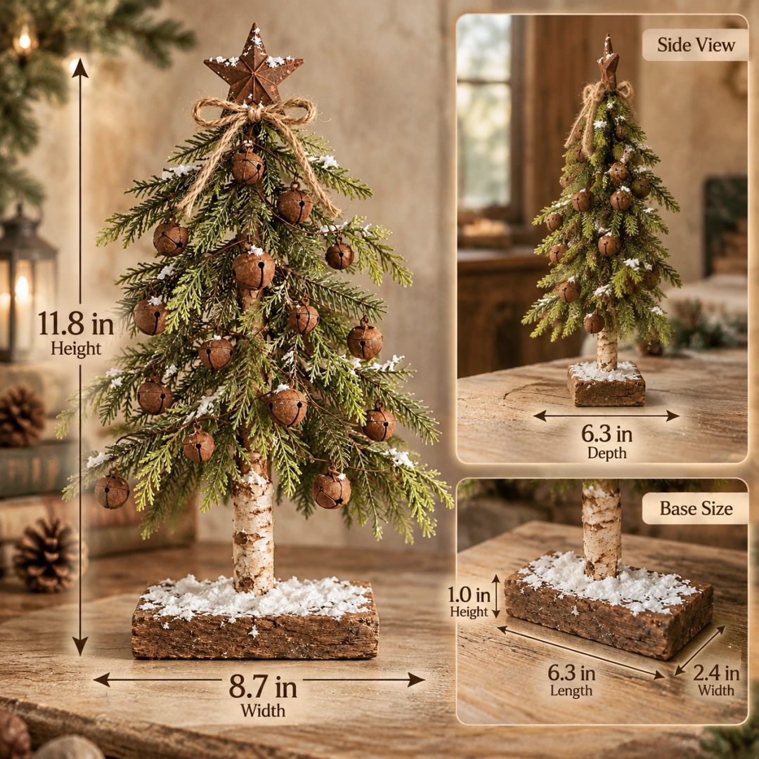 Product dimensions showing tree height width depth and base measurements