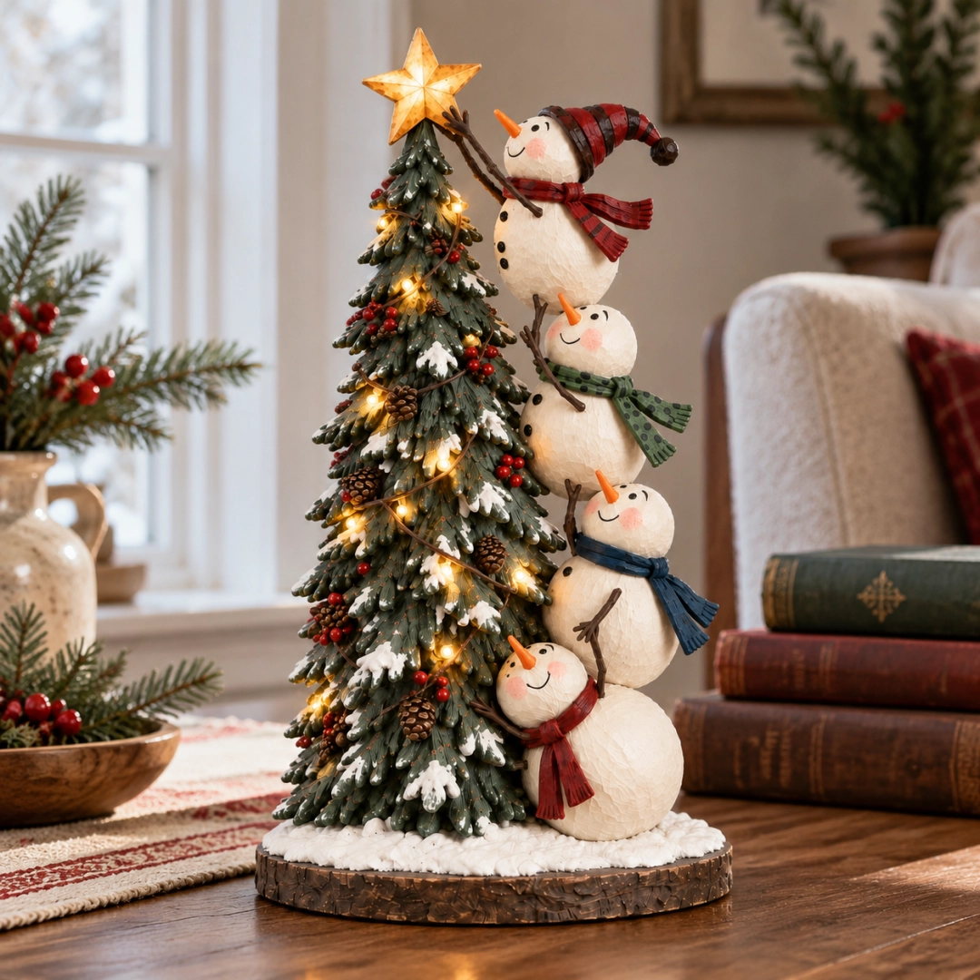 ❄️Snowmen Topping the Christmas Tree – Lighted Christmas Figurine