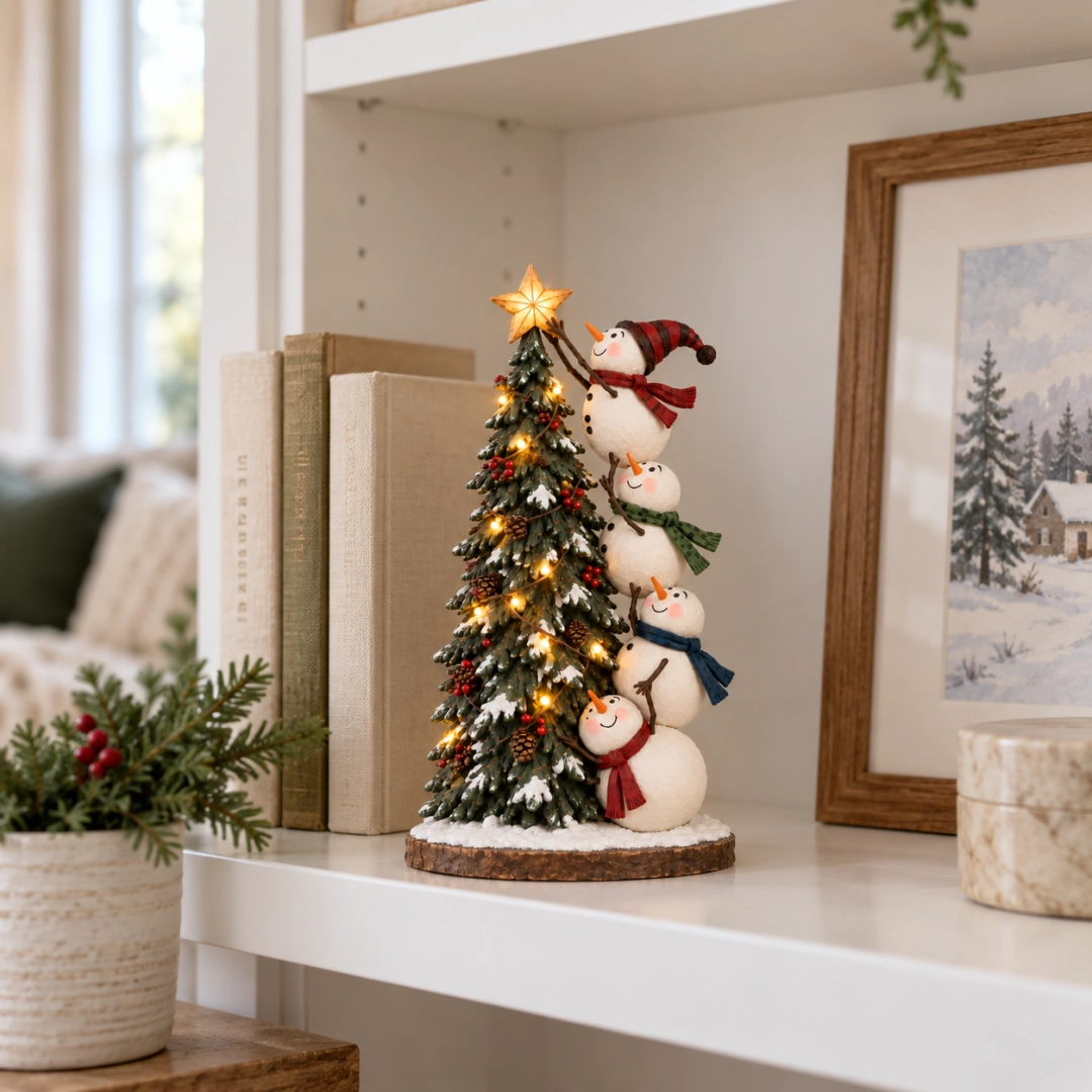 ❄️Snowmen Topping the Christmas Tree – Lighted Christmas Figurine