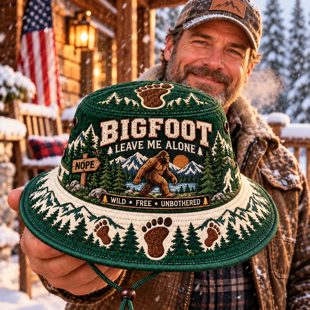 Bigfoot boonie hat beside a winter campsite fire