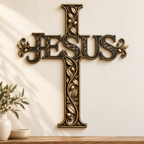 ✝️ His Name, Our Hope – JESUS Olive Vine Metal Cross Wall Art